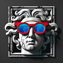 A logo for an art gallery called Art  sense featuring Medusa with a white marble texture, wearing red and blue glasses against a black background