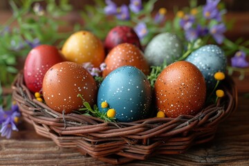 Fototapeta na wymiar A vibrant and decorative display of hand-painted Easter eggs with distinct patterns nestled in a natural wicker basket amid spring flowers