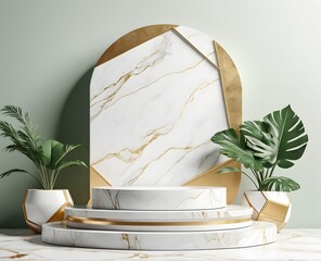 Podium background 3D golden textured white marble stand display platform mockup. Stone podium blue scene background. product stage presentation plant rock leaf. abstract 3D render 