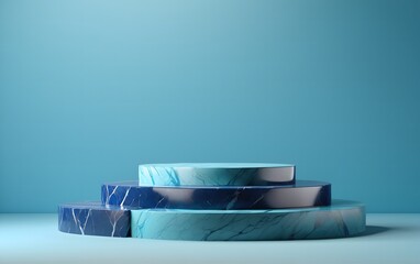 Beautiful minimalistic light blue background for product presentation with blue marble podiums on different tier. marble stand display platform mockup. abstract 3D render