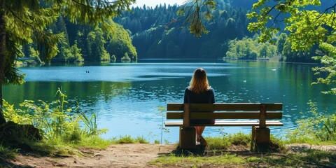 A woman sitting on a bench overlooking a tranquil lake.  - Powered by Adobe