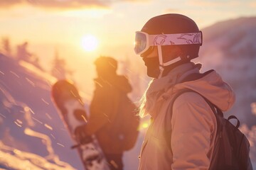 Snowboarders bask in the golden hour, snowflakes glisten in a serene mountain backdrop. - obrazy, fototapety, plakaty