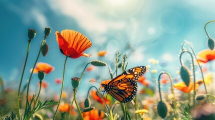 Beautiful red poppy flowers and Monarch butterfly in spring in nature outdoors on sunny day. Blooming poppies.