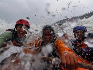 Group of friends laughing and getting splashed while rafting.