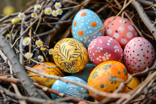 Easter eggs in a bird nest on a wooden table, presenting a rustic spring concept with willow branches and pastel colored painted quail eggs