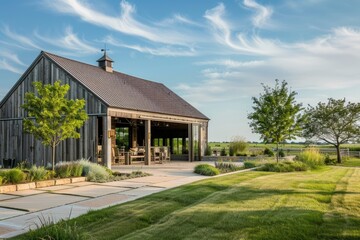 Fototapeta na wymiar Modern agricultural barn with a yard of concrete slabs.