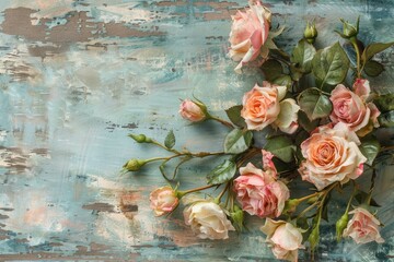 A bouquet of delicate roses elegantly arranged against an artistically painted blue textured background