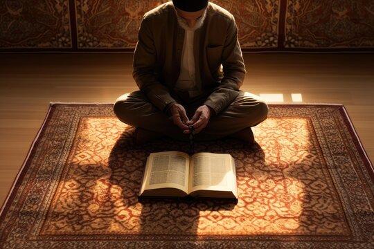 Man praying in mosque with open Quran on muslim prayer rug