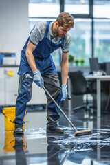 A male janitor cleaning the floor in an office