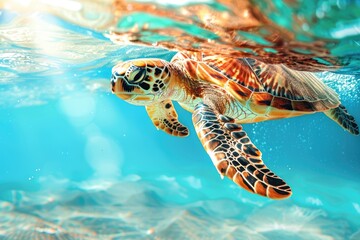 Sea turtle among corals on a reef, Indonesia.