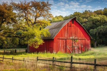 Obraz premium Traditional American farm with a red wooden barn. Old red barn in rural