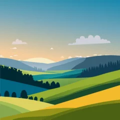 Fototapeten Beautiful summer green fields landscape blue sky on background  vector illustration  10 eps © RomanR