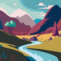 Summer time for tourism in nature river flowing through forest mountains Vector illustration 10 eps