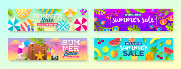 Set of summer sale promotion banner. Summer holidays and travel colorful bright background. Vacation flyer promo design. Vector illustration.