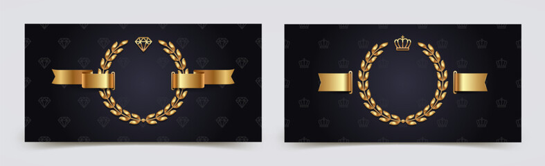 VIP golden invitation template design with gold crown, diamond, laurel wreath and ribbon on a black background. Vector illustration.