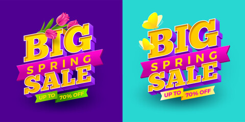 Set of spring sale bright banner with tulips flowers and butterflies. Vector illustration.