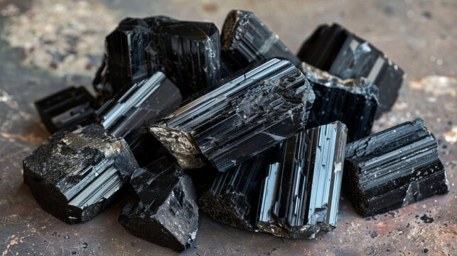 Dark, raw tourmaline crystal formations displayed on a rustic, grungy surface for a natural vibe