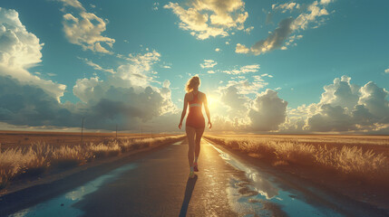 Woman walking on road towards sunset, with dramatic clouds in the sky, conveying a sense of journey and hope. - obrazy, fototapety, plakaty