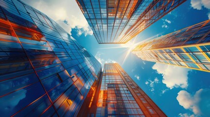 Looking up and surrounded by Glass Building