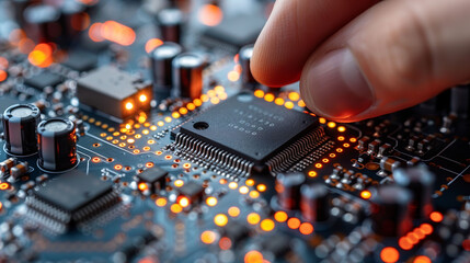 Close-up of a hand installing a microchip on a circuit board with electronic components illuminated by red light.