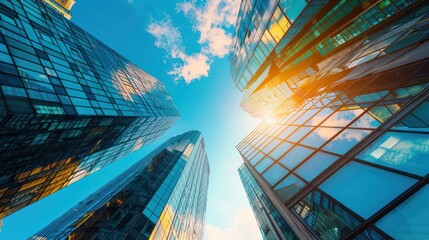 Looking up and surrounded by Glass Building