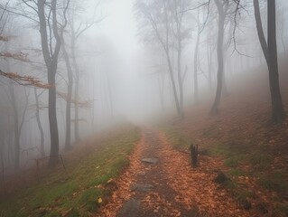 Path trough a strange forest with fog in autumn