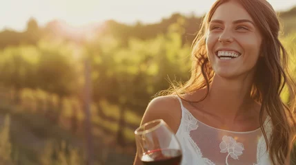 Fotobehang A smiling woman holding a glass of red wine in a sunlit vineyard, conveying a sense of relaxation and enjoyment. © cherezoff