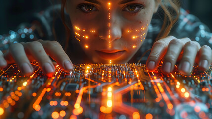Woman with illuminated futuristic face paint looking at camera over a glowing circuit board. Tech and innovation concept.