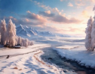 Beautiful winter landscape frosted woodland snowy farmland under blue sky with white fluffy clouds.