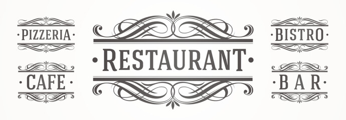 Set of vintage restaurant and cafe logo and signs. Vector illustration. Signboard for pizzeria, cafe, bistro, restaurant, bar.