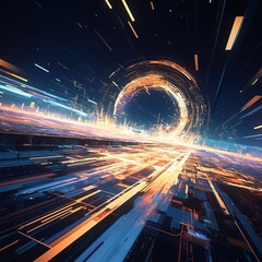 Data Transfer Speed: Futuristic Background with Light Streaks and Digital Elements