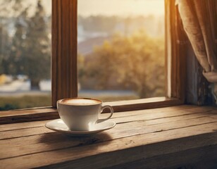 Xícara de café no balcão e janela 4 - obrazy, fototapety, plakaty