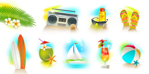 Set of summer holiday and beach vacations design elements. Vector illustration.