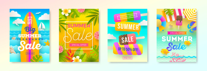 Set of summer holiday, vacation and travel colorful bright background. Summer sale promotion banner. Poster or flyer promo design. Vector illustration.
