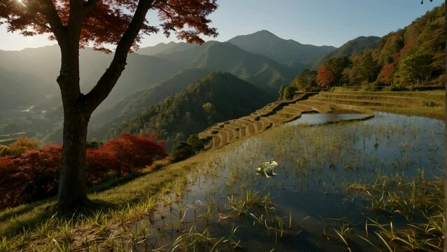 Natural beauty, watery rice terraces and colorful trees on the banks Seamless looping 4k time-lapse animation video background