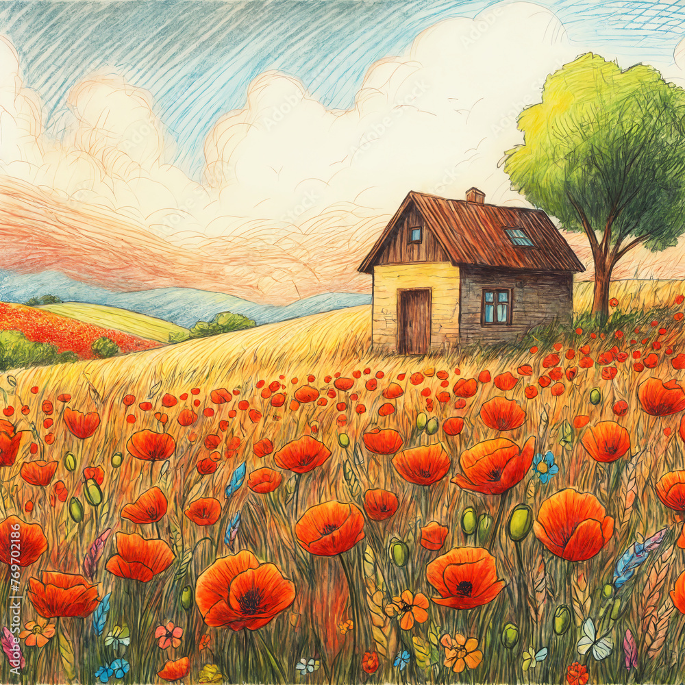 Wall mural Landscape crayon children's drawing of a hilly field full of poppies with house