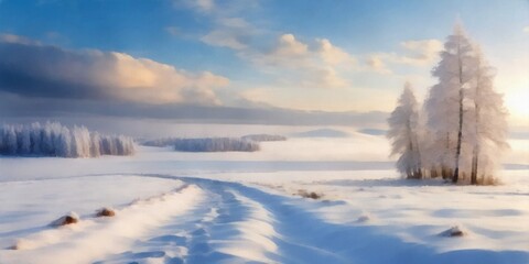 Beautiful winter landscape frosted woodland snowy farmland under blue sky with white fluffy clouds.