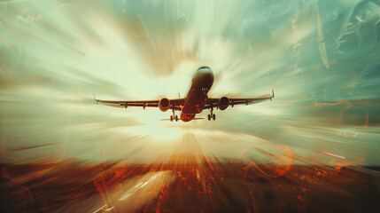 Airplane taking off with dynamic sky and sun flare. - obrazy, fototapety, plakaty
