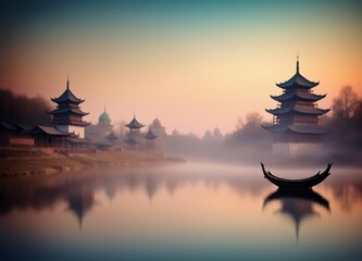 Dreamy Eastern Landscape Illustration: Tranquil Blur of Oriental Scenery - obrazy, fototapety, plakaty