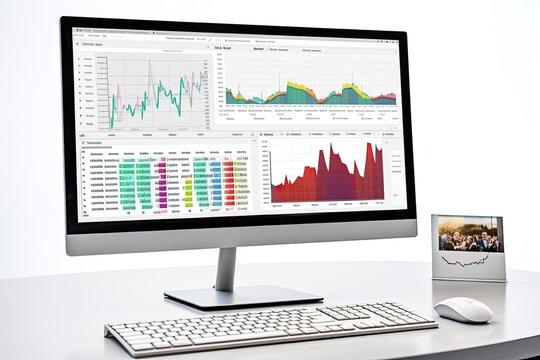 a monitor has graphs displaying business