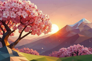Low poly flowers of cherry blooms tree, spring nature geometric wallpaper with sunrise and mountains - obrazy, fototapety, plakaty