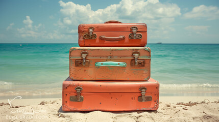 Vintage suitcases stacked on a sandy beach with clear blue sky and turquoise sea in the background.