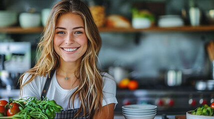 Smiling young female chef with fresh vegetables in a modern kitchen setting.