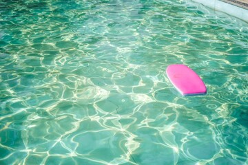 Pink float resting on the surface of a tranquil, blue swimming pool on a sunny day