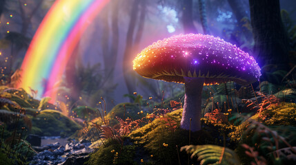 Enchanted glowing mushroom with a rainbow in a mystical forest.