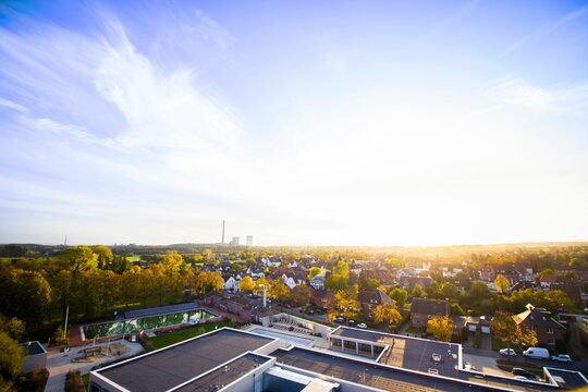 Aerial view of Werne against the background of a bright sunny sky. North Rhine-Westphalia, Germany.
