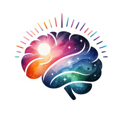 An isolated image of a multicolored brain in watercolor style. The concept of psychology, emotions, reflections, reason, ideas