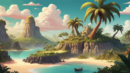 Fantasy Island Cartoon Logo Design Very Cool - obrazy, fototapety, plakaty