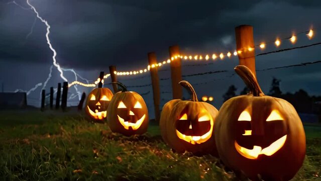 Carved pumpkins under a lightning struck sky. A line of jack-o-lanterns illuminating a dark night. Concept of Halloween ambiance, spooky landscape, eerie pathways, and spooky lighting.