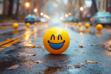 World smile day emojis, yellow emoji balls on street, World Laughter Day, ai technology